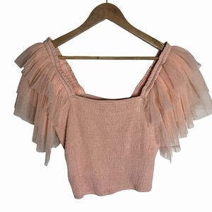 Listicle Ruffle Sleeve Smocked Square Neck Tulle Womens Large NEW Stretch Crop